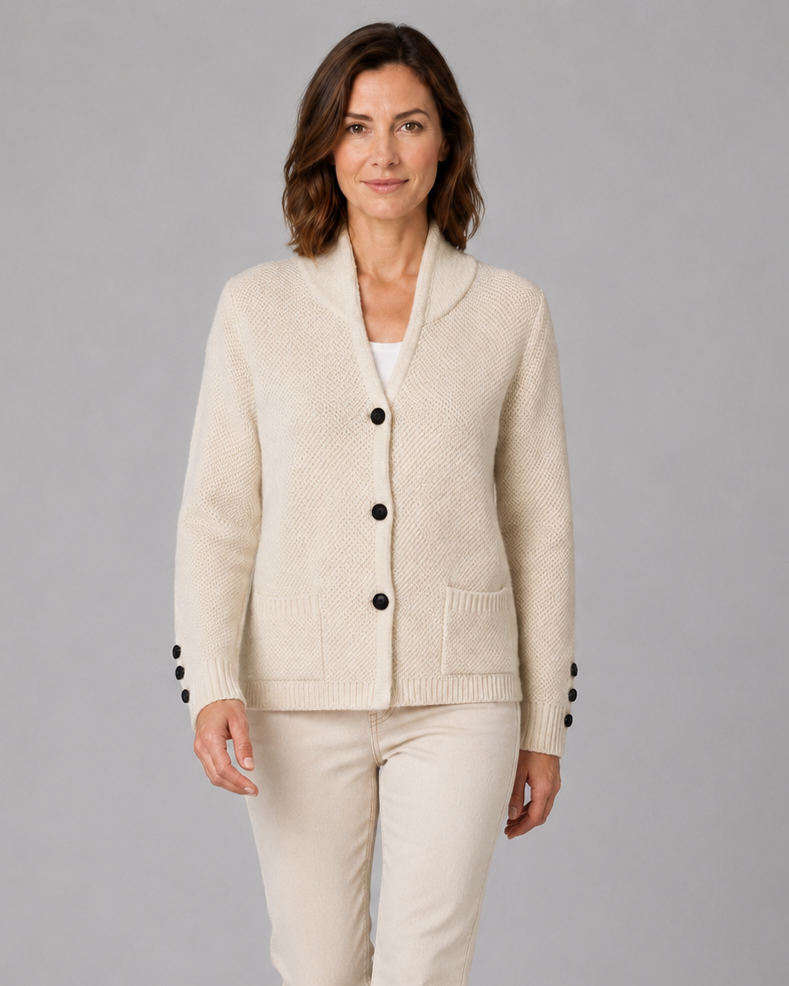 Women's Textured Collared Knit Cardigan with Button Front and Pockets