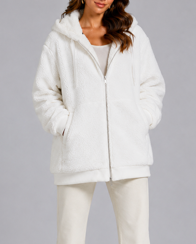 Women's Oversized Sherpa Fleece Hooded Jacket with Zip Front and Pockets