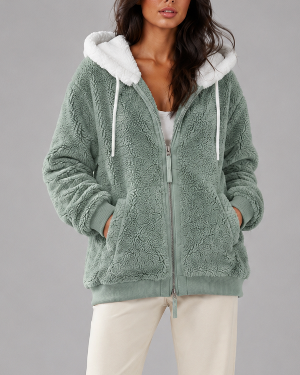 Women's Oversized Sherpa Fleece Hooded Jacket with Zip Front and Pockets