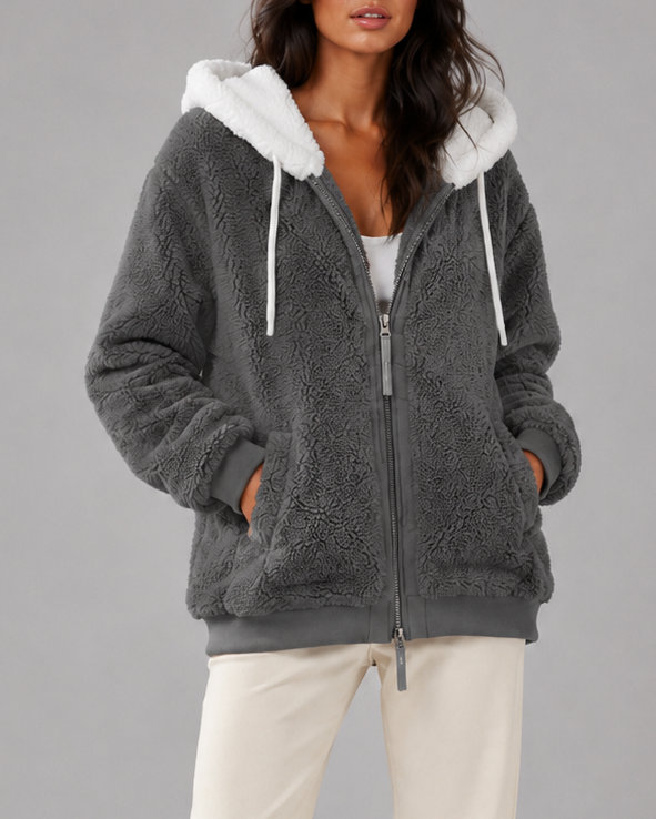 Women's Oversized Sherpa Fleece Hooded Jacket with Zip Front and Pockets