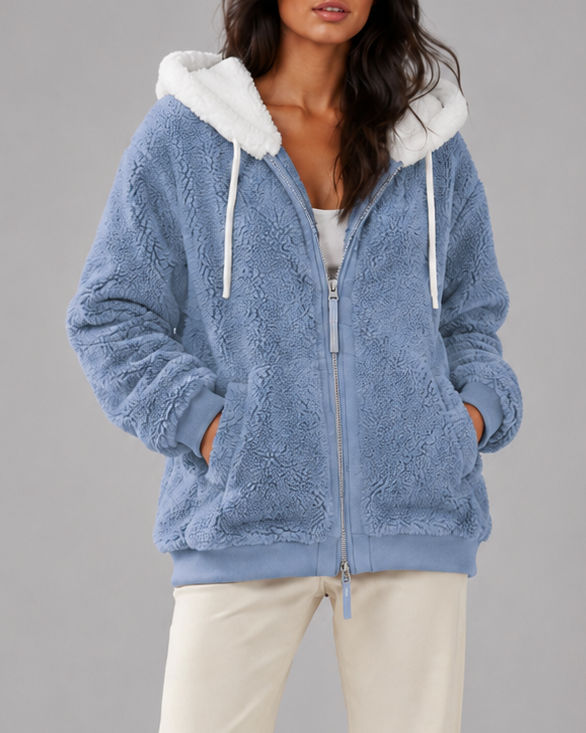 Women's Oversized Sherpa Fleece Hooded Jacket with Zip Front and Pockets