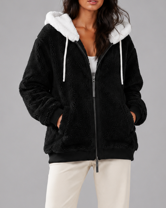 Women's Oversized Sherpa Fleece Hooded Jacket with Zip Front and Pockets