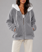 Women's Oversized Sherpa Fleece Hooded Jacket with Zip Front and Pockets