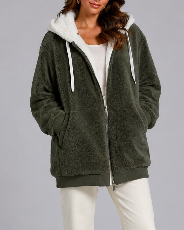 Women's Oversized Sherpa Fleece Hooded Jacket with Zip Front and Pockets