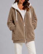 Women's Oversized Sherpa Fleece Hooded Jacket with Zip Front and Pockets