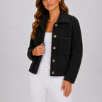 Women's black sherpa teddy fleece button-up jacket with pockets