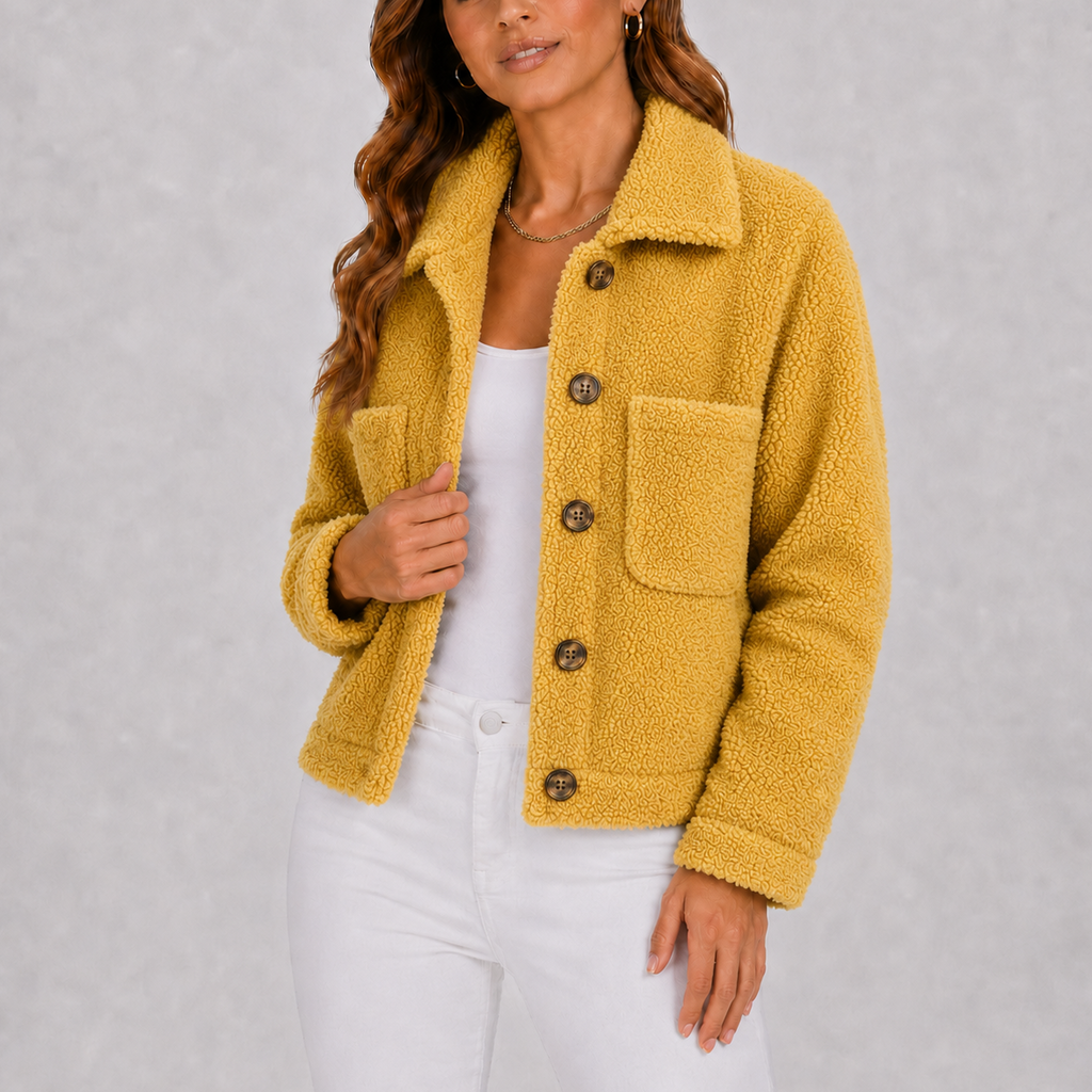 Women's black sherpa teddy fleece button-up jacket with pockets