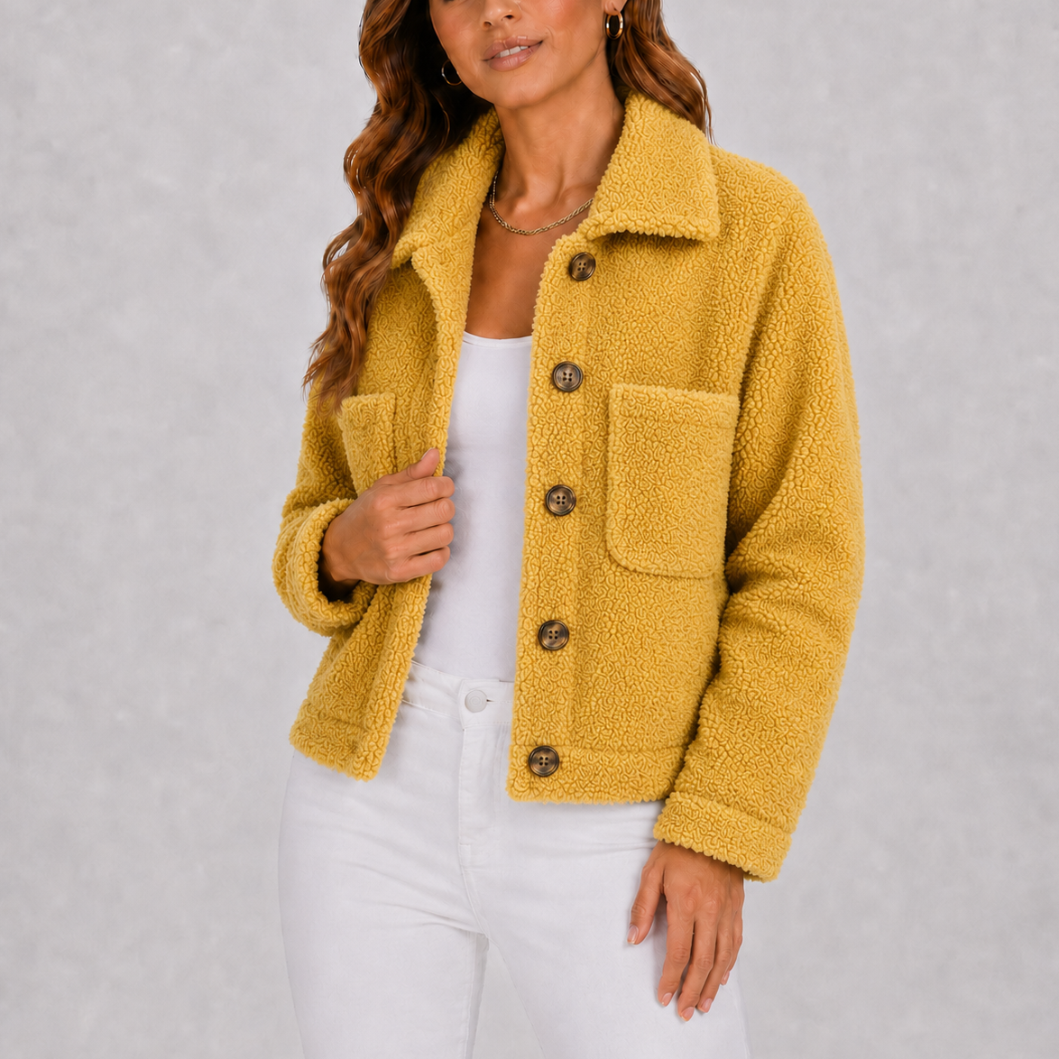 Women's black sherpa teddy fleece button-up jacket with pockets