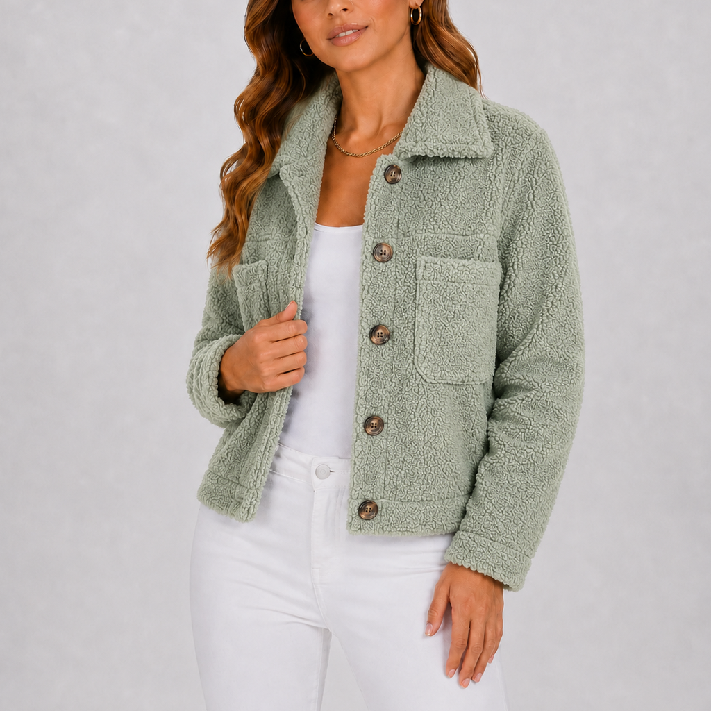 Women's black sherpa teddy fleece button-up jacket with pockets