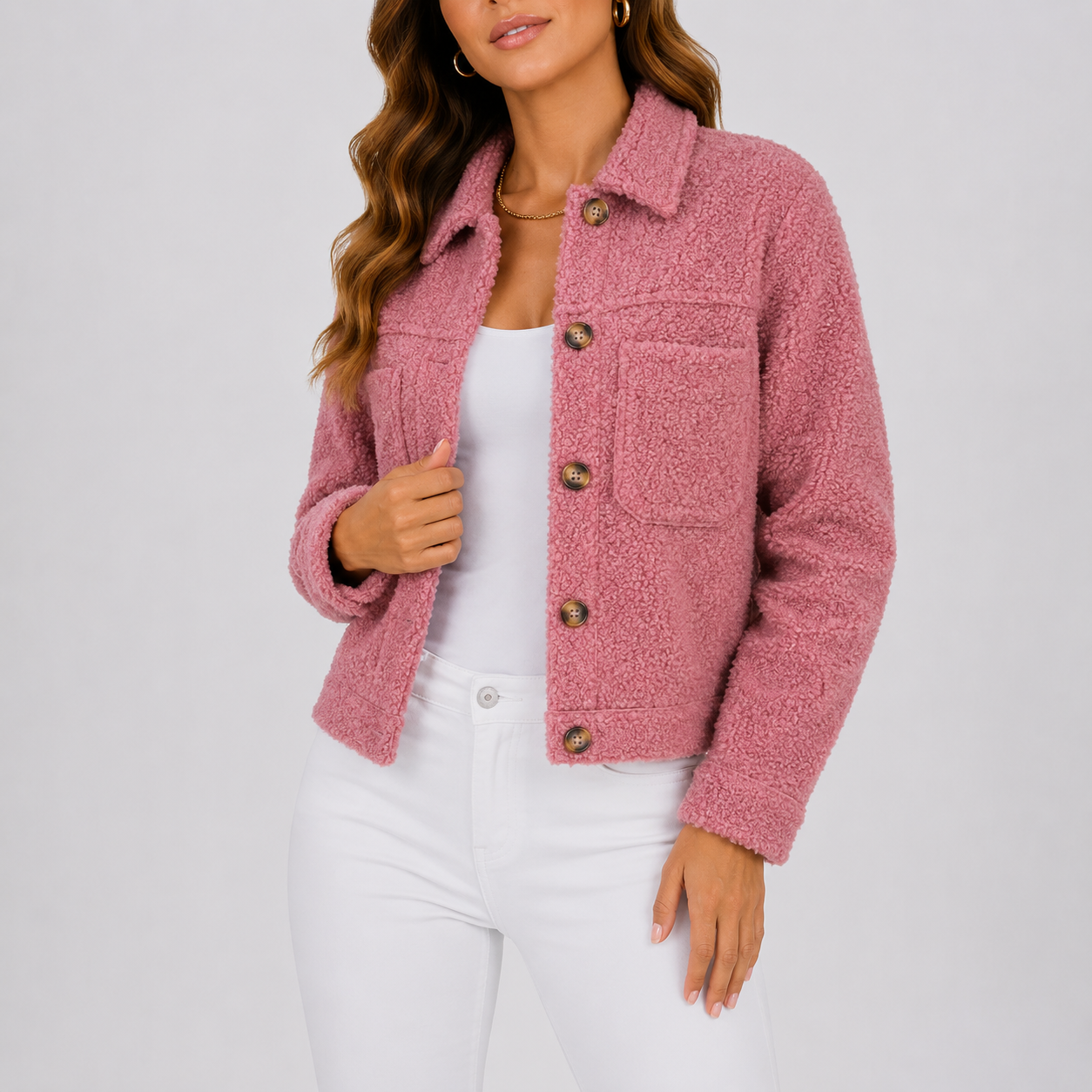 Women's black sherpa teddy fleece button-up jacket with pockets