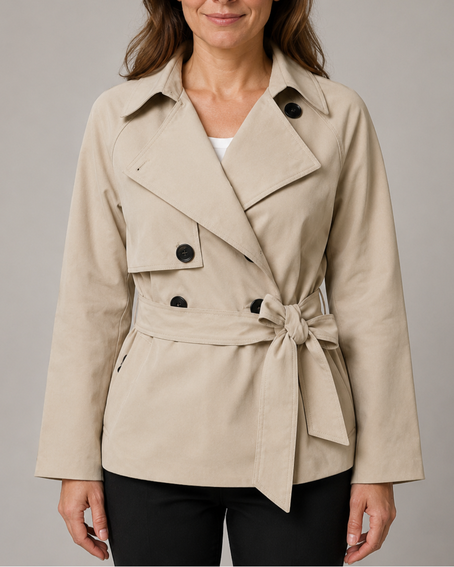 Women's Short Belted Trench Coat | Tie Waist Double Breasted Notch Lapel Jacket