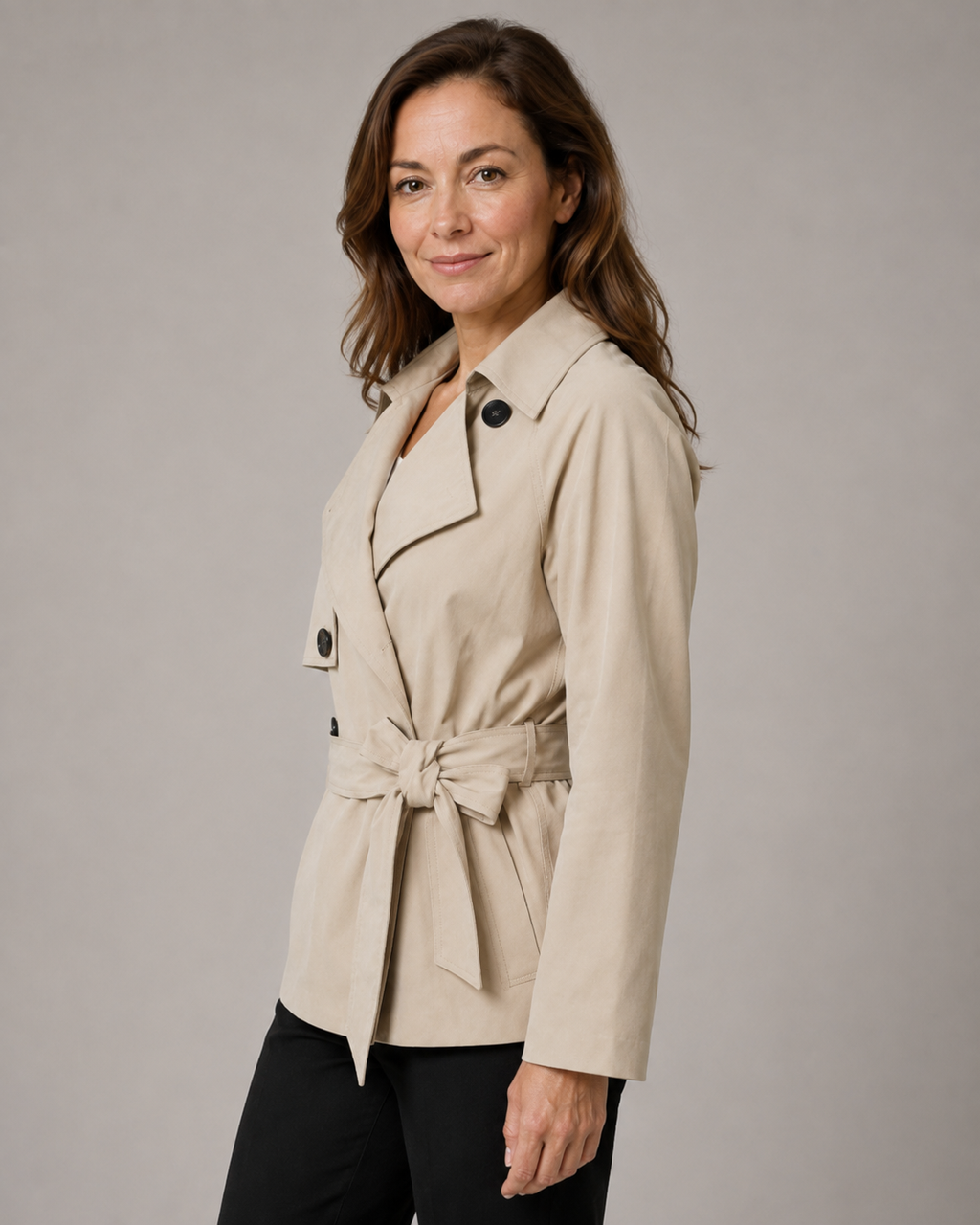 Women's Short Belted Trench Coat | Tie Waist Double Breasted Notch Lapel Jacket
