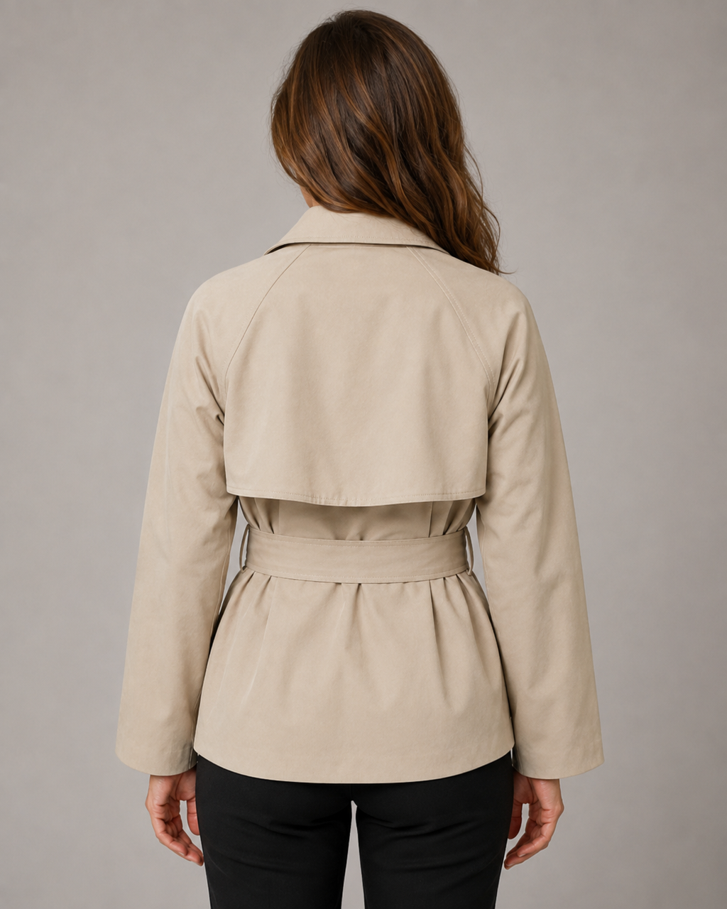 Women's Short Belted Trench Coat | Tie Waist Double Breasted Notch Lapel Jacket