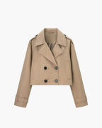 Women's Short Double Breasted Trench Coat with Lapel Collar and Button Front