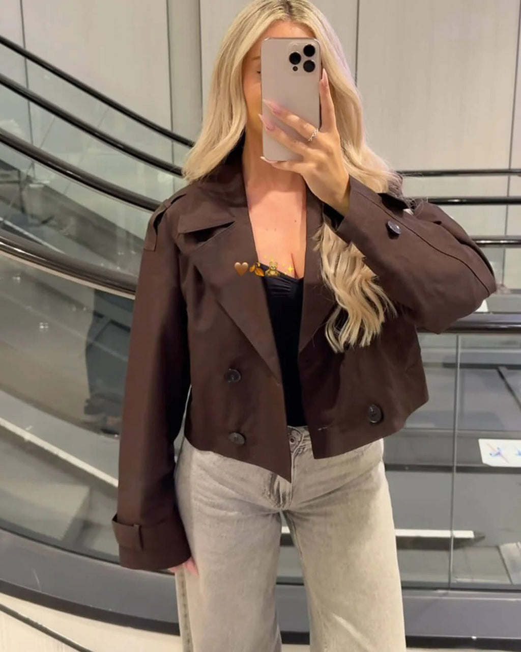 Women's Short Double Breasted Trench Coat with Lapel Collar and Button Front