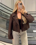 Women's Short Double Breasted Trench Coat with Lapel Collar and Button Front