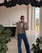 Women's Short Double Breasted Trench Coat with Lapel Collar and Button Front