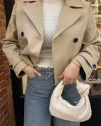 Women's Short Double Breasted Trench Coat with Lapel Collar and Button Front