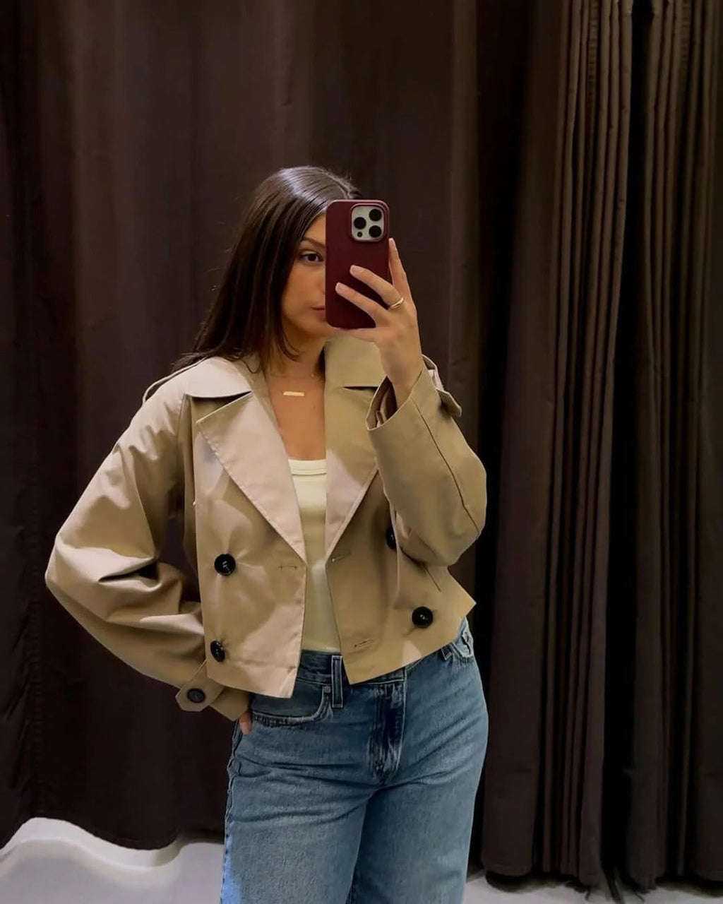 Women's Short Double Breasted Trench Coat with Lapel Collar and Button Front