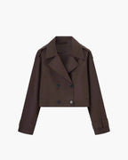 Women's Short Double Breasted Trench Coat with Lapel Collar and Button Front
