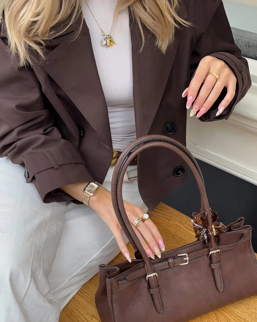 Women's Short Double Breasted Trench Coat with Lapel Collar and Button Front