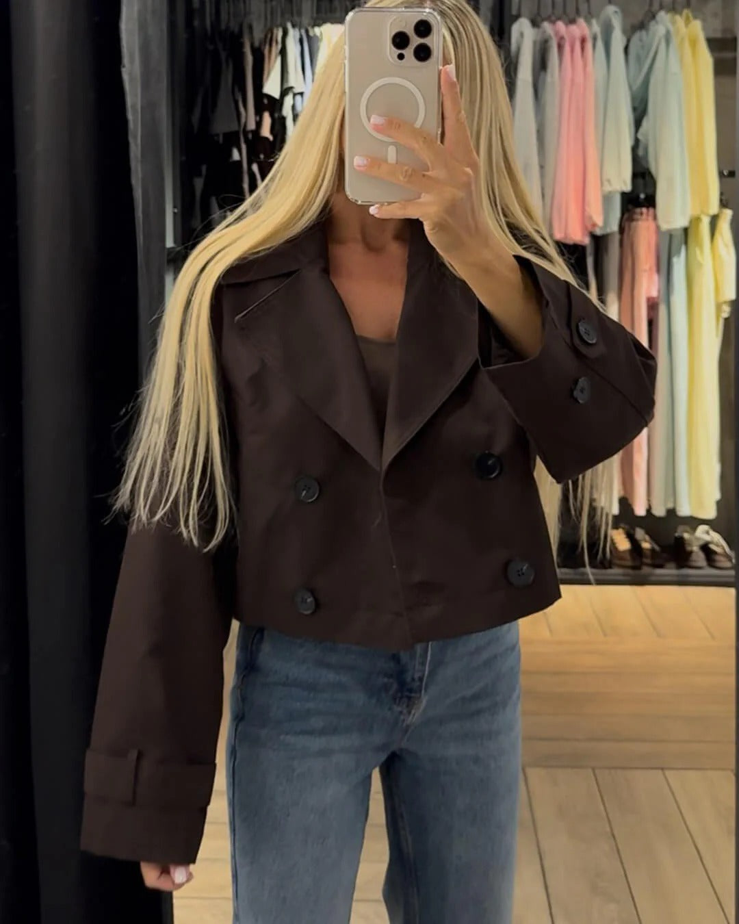 Women's Short Double Breasted Trench Coat with Lapel Collar and Button Front