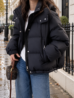 Women's Oversized Quilted Puffer Jacket with Hood and Cargo Pockets