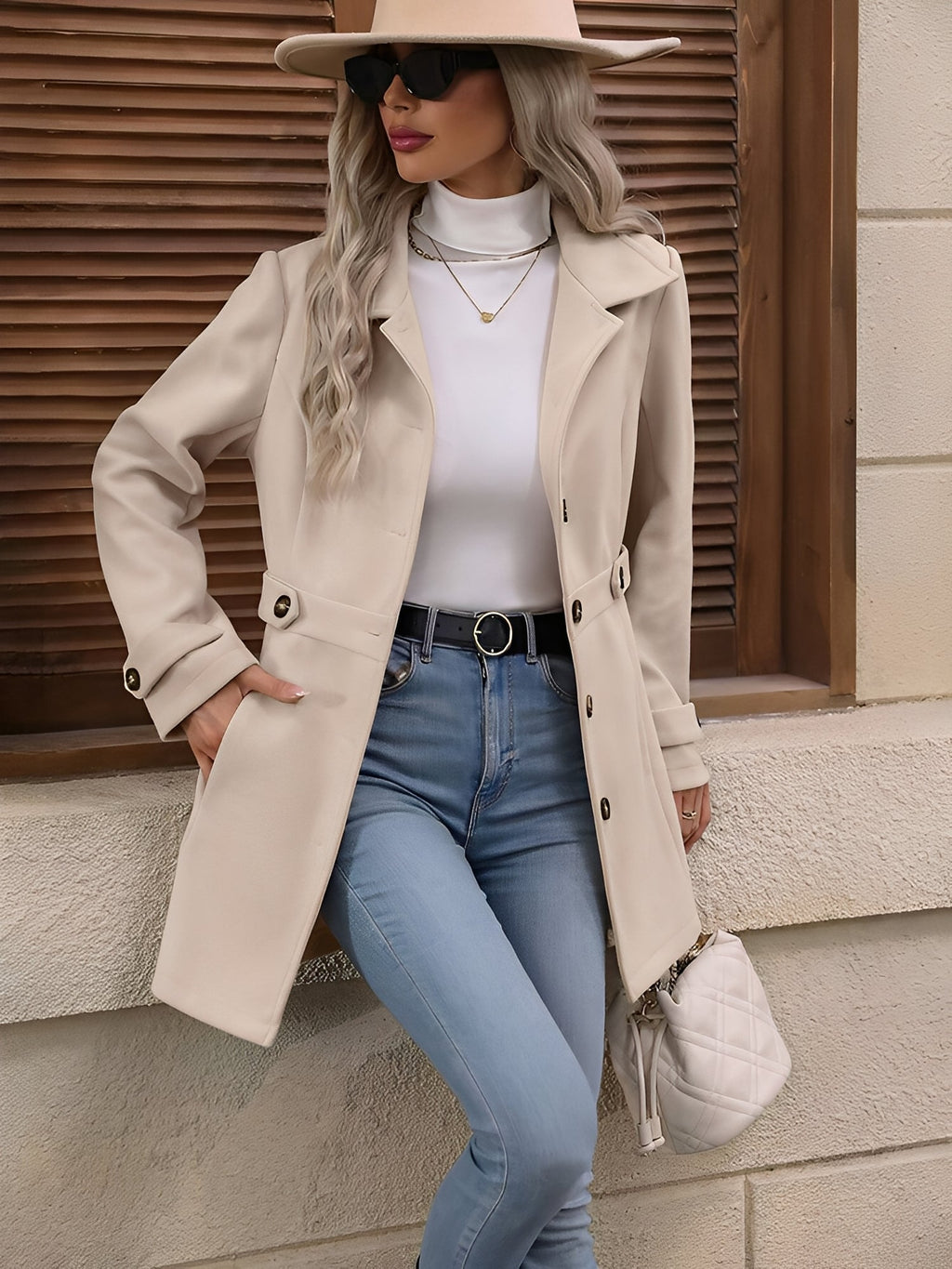 Women's Single Breasted Coat with Lapel Collar and Button Front