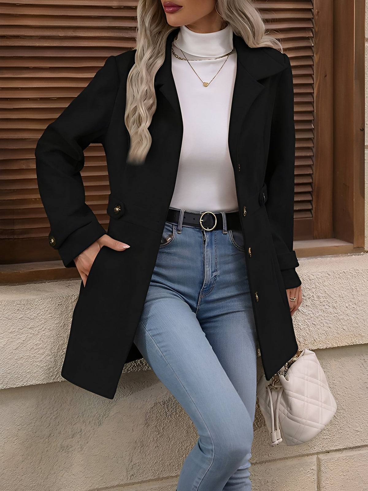 Women's Single Breasted Coat with Lapel Collar and Button Front