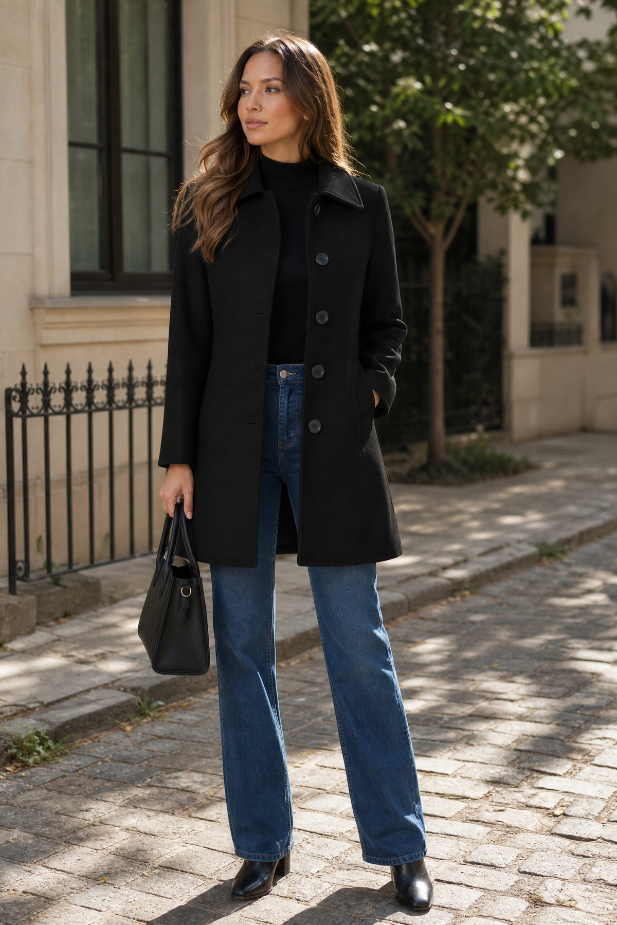 Women's Single Breasted Coat with Collar and Button Front