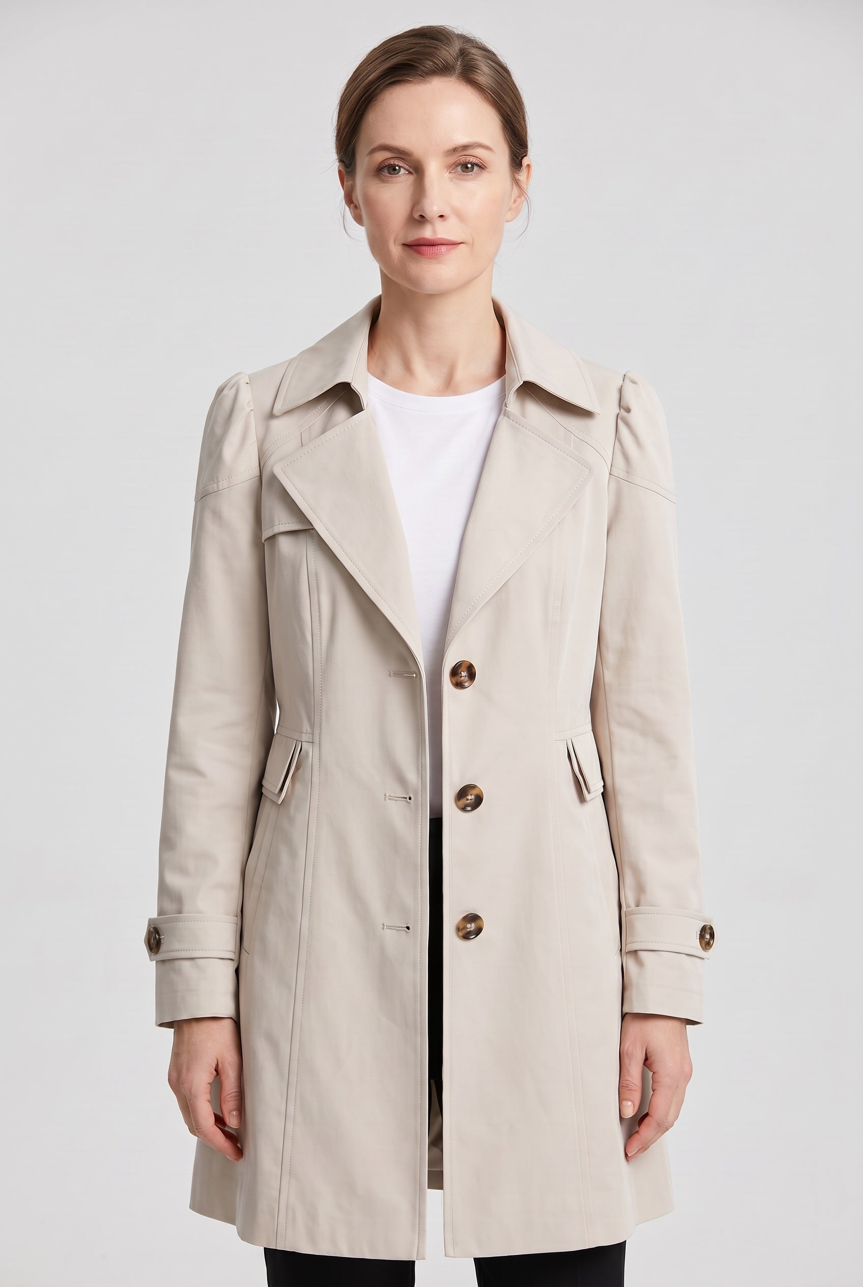 Women's Single Breasted Long Trench Coat with Lapel Collar
