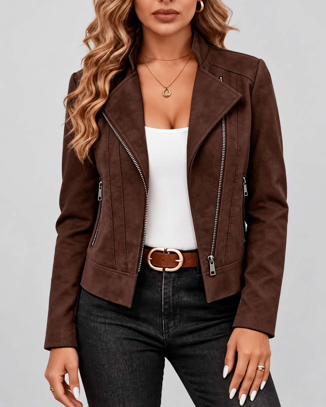 Women's Slim Fit Suede Style Biker Jacket with Zip Front