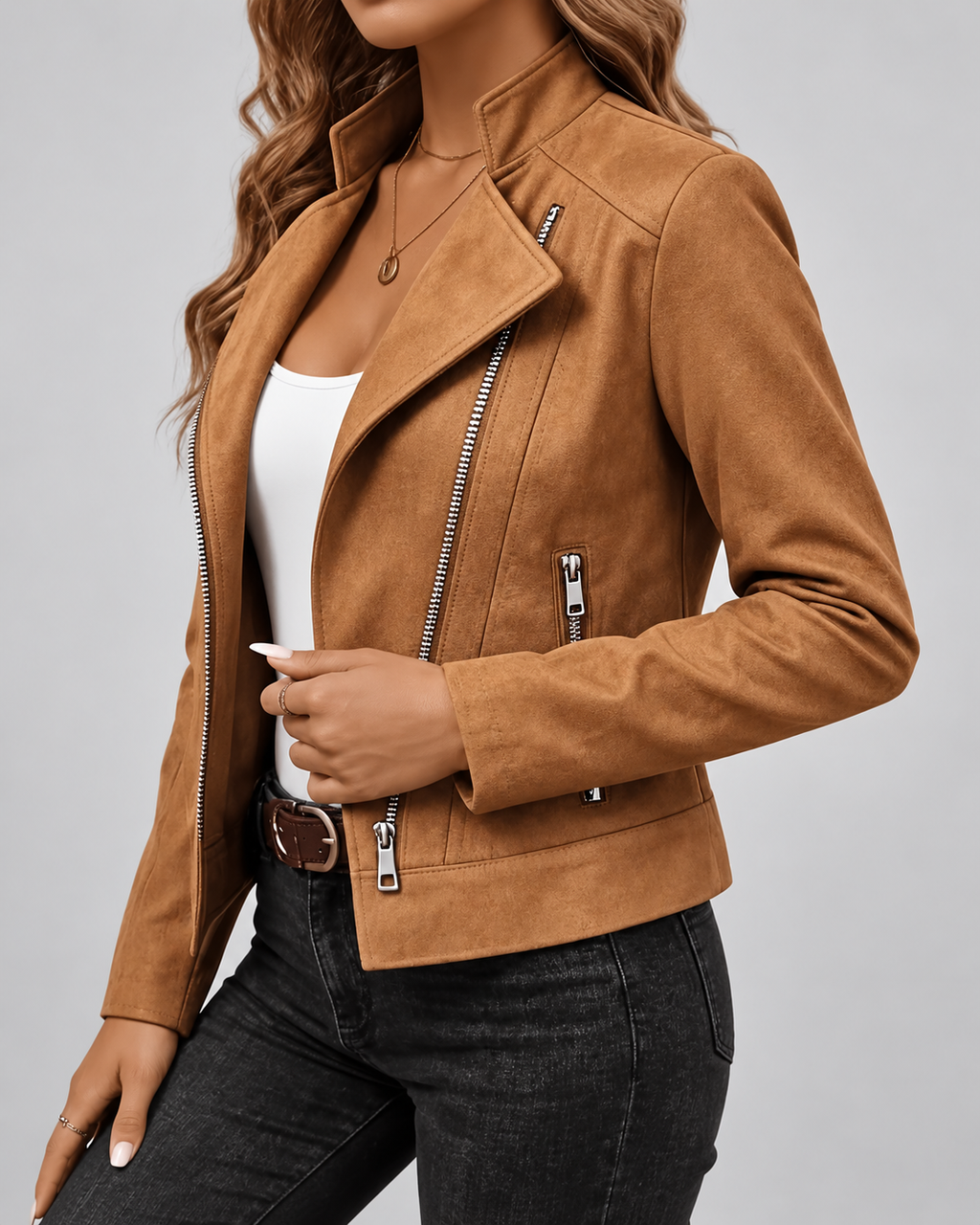 Women's Slim Fit Suede Style Biker Jacket with Zip Front