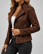 Women's Slim Fit Suede Style Biker Jacket with Zip Front