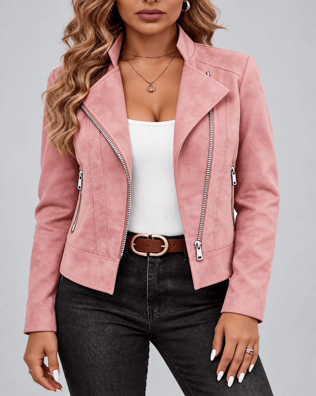 Women's Slim Fit Suede Style Biker Jacket with Zip Front