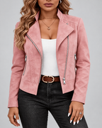 Women's Slim Fit Suede Style Biker Jacket with Zip Front
