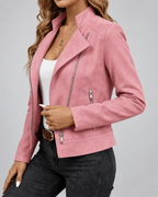 Women's Slim Fit Suede Style Biker Jacket with Zip Front
