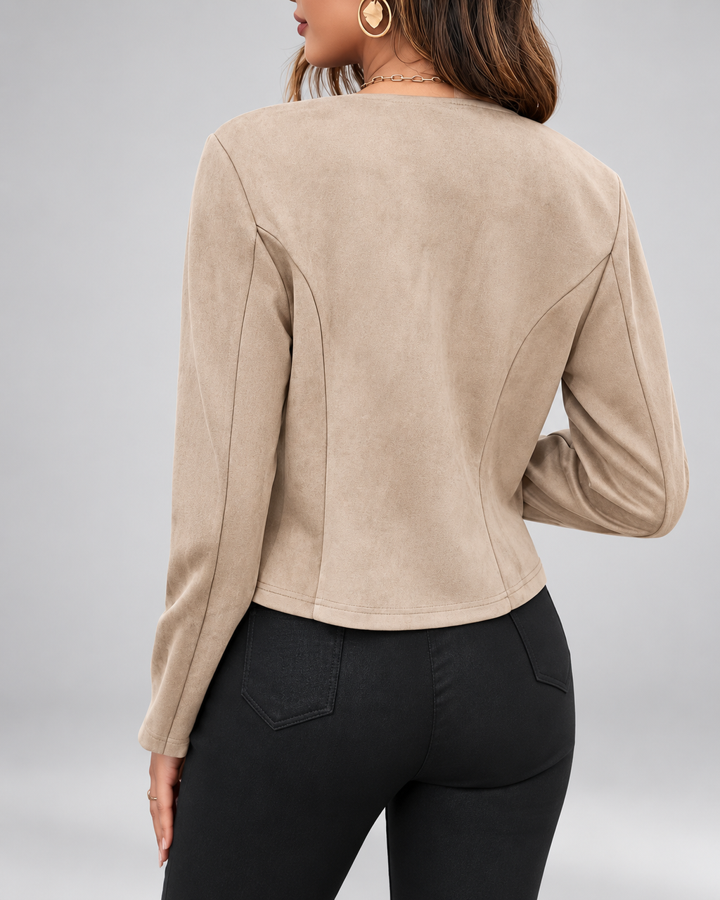 Women's Slim Fit Suede Style Jacket with Round Neck and Zip Front