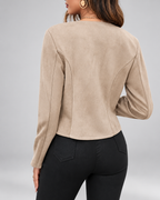Women's Slim Fit Suede Style Jacket with Round Neck and Zip Front