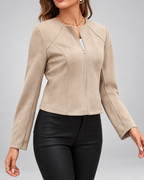 Women's Slim Fit Suede Style Jacket with Round Neck and Zip Front