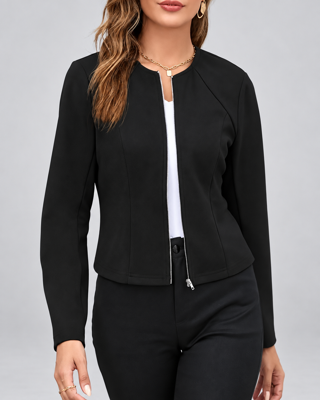 Women's Slim Fit Suede Style Jacket with Round Neck and Zip Front