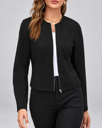 Women's Slim Fit Suede Style Jacket with Round Neck and Zip Front