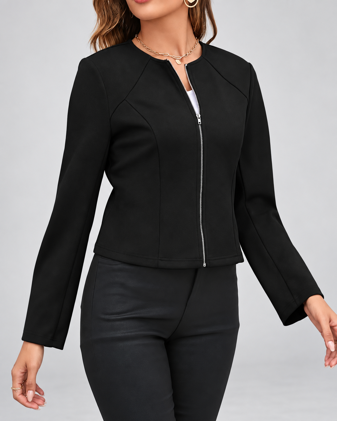 Women's Slim Fit Suede Style Jacket with Round Neck and Zip Front