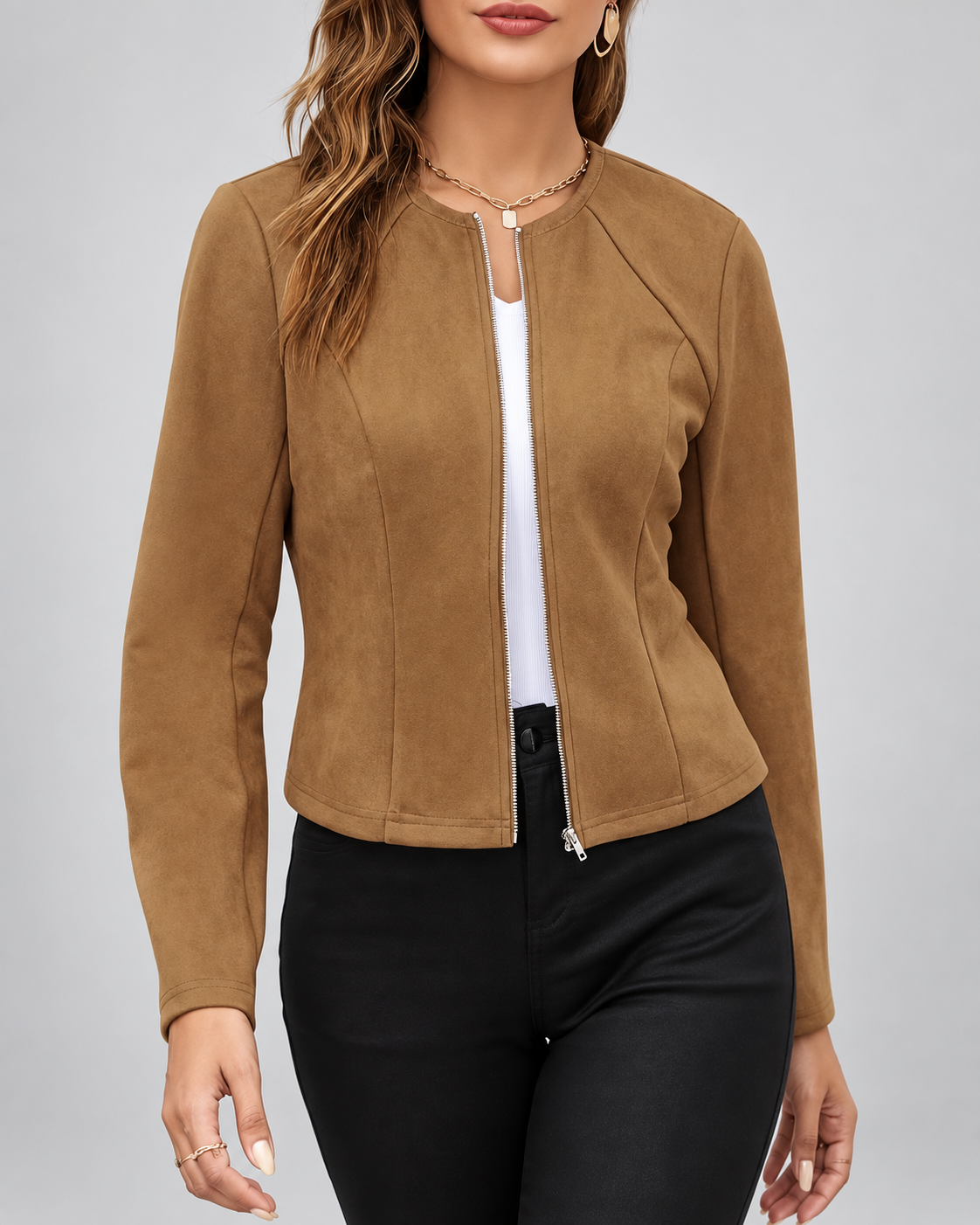 Women's Slim Fit Suede Style Jacket with Round Neck and Zip Front