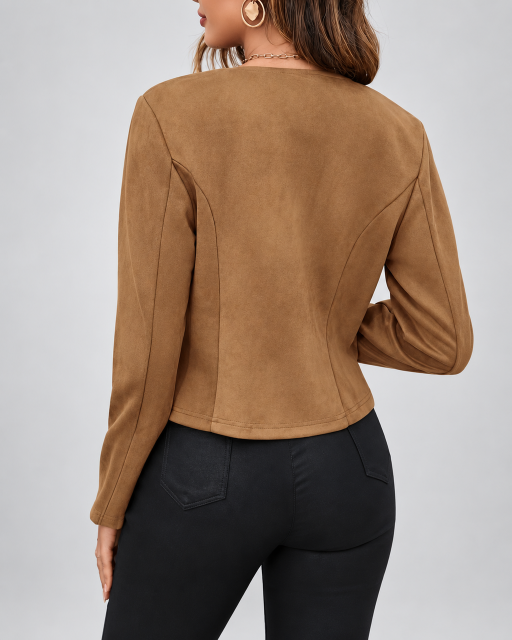 Women's Slim Fit Suede Style Jacket with Round Neck and Zip Front
