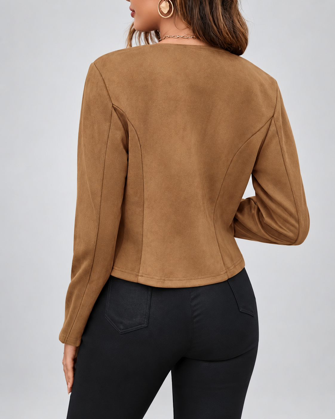 Women's Slim Fit Suede Style Jacket with Round Neck and Zip Front
