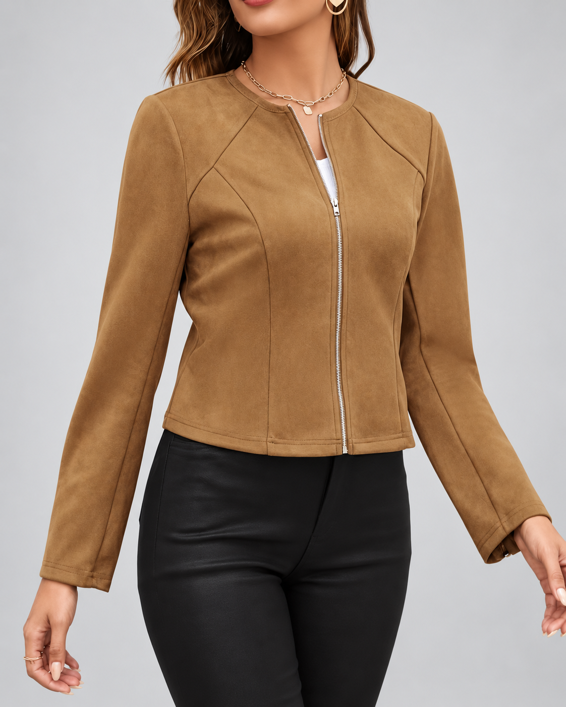 Women's Slim Fit Suede Style Jacket with Round Neck and Zip Front