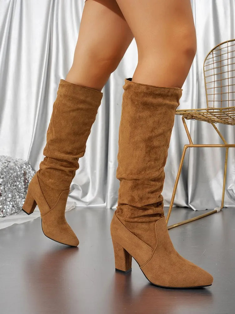 Women's Slouch Block Heel Pointed Toe Knee High Boots
