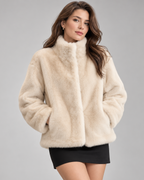 Women's Soft Teddy Fleece Jacket with Stand Collar and Zip Front
