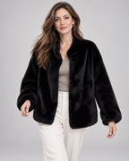 Women's Soft Teddy Fleece Jacket with Stand Collar and Zip Front